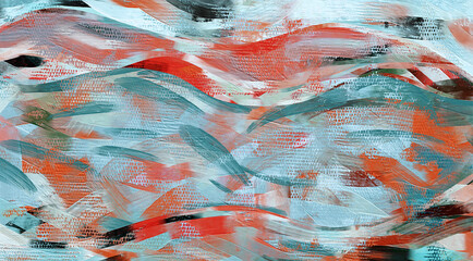 Oil painting, waves, paint strokes. Red, orange and azure colored pattern art