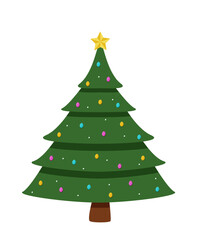 Christmas tree is traditionally decorated with toys and garlands. Vector illustration symbol of Christmas and New year.