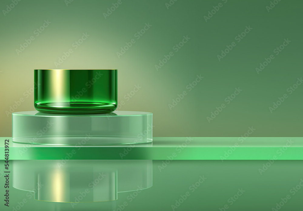 Sticker Green glass display stand against a green background. 3d illustration