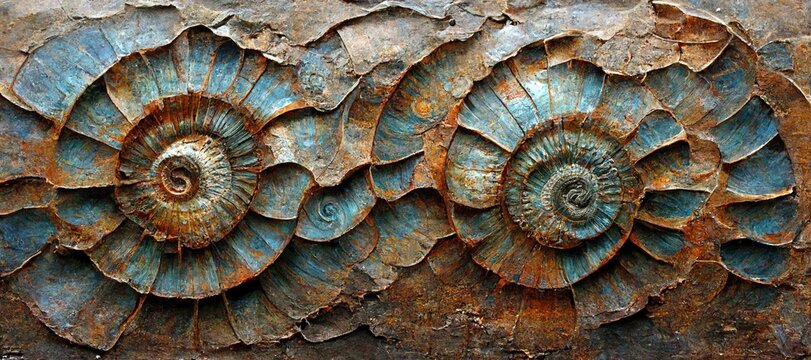 Elaborate and unique calcified aquamarine blue ammonite sea shell spirals embedded into rock. Prehistoric fossilized detailed rough grunge texture and surface patterns.