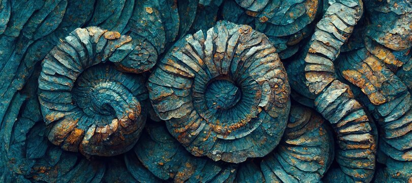 Elaborate and unique calcified aquamarine blue ammonite sea shell spirals embedded into rock. Prehistoric fossilized detailed rough grunge texture and surface patterns.