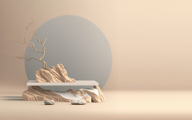 Product presentation on a gentle background with a stone stand and dry branches 3d illustration