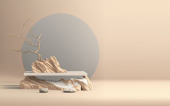 Product presentation on a gentle background with a stone stand and dry branches 3d illustration