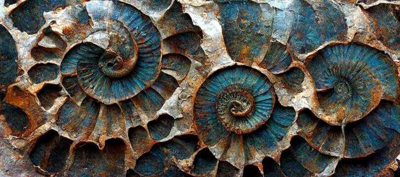 Elaborate and unique calcified aquamarine blue ammonite sea shell spirals embedded into rock. Prehistoric fossilized detailed rough grunge texture and surface patterns.