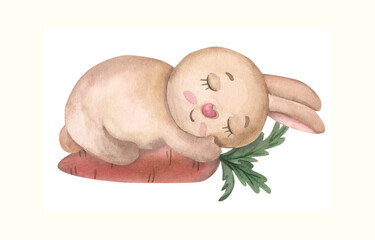 Watercolor Bunny sleeping on carrot. Cute animal for kids. Funny rabbit