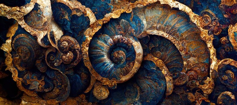Elaborate and unique calcified aquamarine blue ammonite sea shell spirals embedded into rock. Prehistoric fossilized detailed rough grunge texture and surface patterns.