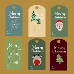 Collection colourfull of 6 kraft paper Christmas gift tags.Vector Ilustration.