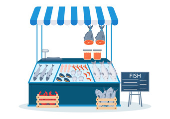 Fish Store to Market Various Fresh and Hygienic Products Seafood in Flat Cartoon Hand Drawn Templates Illustration