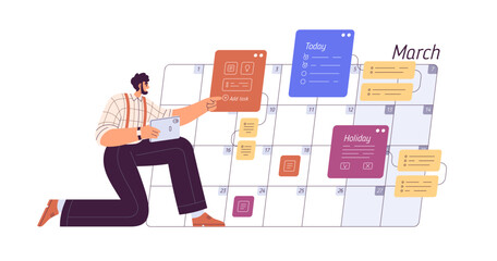 Business man planning month schedule in calendar. Work and holiday timetable, planner concept. Effective time management and organization. Flat graphic vector illustration isolated on white background