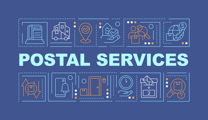 Postal services word concepts dark blue banner. Delivery process. Infographics with editable icons on color background. Isolated typography. Vector illustration with text. Arial-Black font used