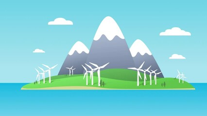 Save the planet. cycle animation of a clean green energy futuristic city using wind turbines. Global warming resources for a bright future. 3D rendering	
