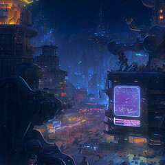 Fototapeta na wymiar Cyberpunk city, abstract illustration, futuristic city, dystoptic artwork at night, high resolution wallpaper. Dystopic urban wallpaper. Cityscape background.