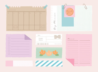 memo template. A collection of striped notes, blank notebooks, and torn notes used in a diary or office.