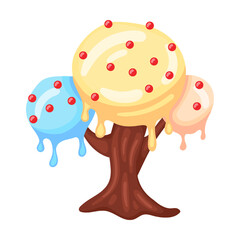 Candie in shape tree with scoops of cold ice cream, vector illustration. Fantasy land caramel and chocolate desserts, cupcakes, biscuit