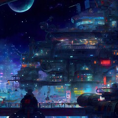 Cyberpunk city, abstract illustration, futuristic city, dystoptic artwork at night, high resolution wallpaper. Dystopic urban wallpaper. Cityscape background.