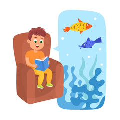 boy reading a book about sea fish. Vector illustration of cute girl and boy with magic dreams. Cartoon amazed children isolated on white