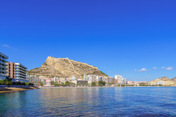 Scenic view of Alicante beach and Castle in the Spanish Med Coast