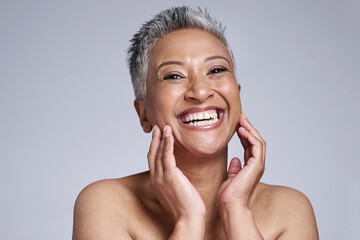 Elderly woman, smile and hands excited for beauty skincare or anti aging wellness in studio....