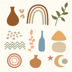 Boho element collection. Boho set. Boho clipart. Hand drawn boho plants, shapes, leaves rainbow, hand, moon.