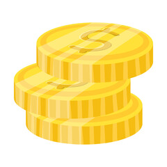 three small Gold coins cartoon illustration. Heap of cash, pile of green banknotes or dollars, currency isolated on white background