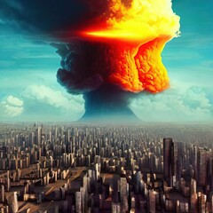 Explosion of a nuclear bomb over a big city, metropolis - a mushroom cloud. Nuclear war in the world.