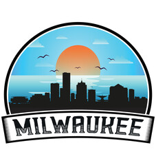 Milwaukee Wisconsin USA Skyline Sunset Travel Souvenir Sticker Logo Badge Stamp Emblem Coat of Arms Vector Illustration EPS