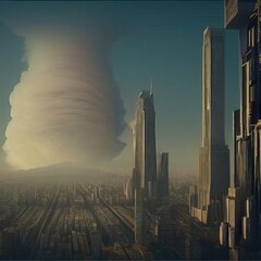 Fototapeta na wymiar Explosion of a nuclear bomb over a big city, metropolis - a mushroom cloud. Nuclear war in the world.
