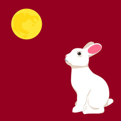 Rabbits looking at the full moon. Vector illustration.