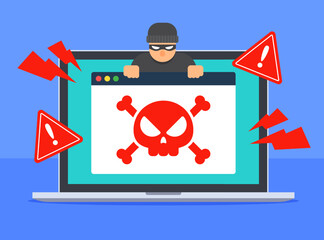Web browser window with red skull and hacker on laptop screen. Internet threat concept. Scam websites, dark web, cybercrime, virus, or malware. Flat vector cartoon icon. Technology illustration. - obrazy, fototapety, plakaty