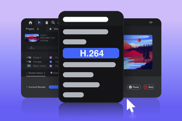 New version of the program for video editing where it renders in the format mp4 h.264. Motion designer software. Creating video effects and animations. Vector illustration.
