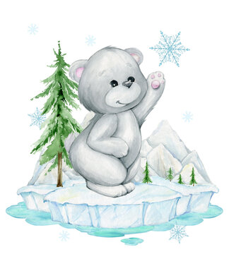 Cute polar bear, on the background of glaciers, snowflakes, fir trees. Watercolor clipart, in cartoon style, © Natalia
