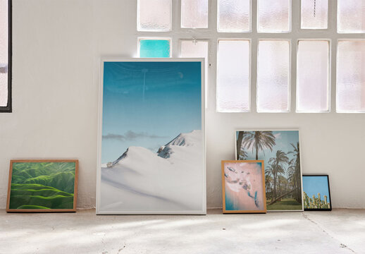 Collection of Various Picture Frame Mockup Leaning on Wall With Windows Behind
