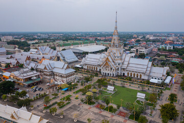 Drones are flying over Sothon Wararam Worawihan Temple, Chachoengsao, Thailand