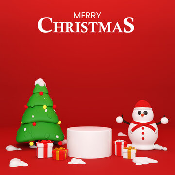 3d render podium christmas with red background