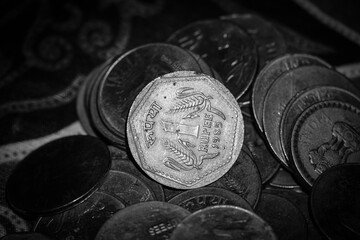 one Rupee Indian coins black and white image