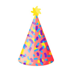 colorful Cone with dots and strokes of paint, cap for happy birthday party. Vector illustration of kids paper hat for carnival