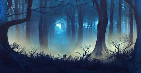 Fototapeta premium Spooky foggy dark forest environment wallpaper background
