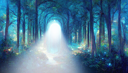 Dark magical fairy tale forest background with beam of light