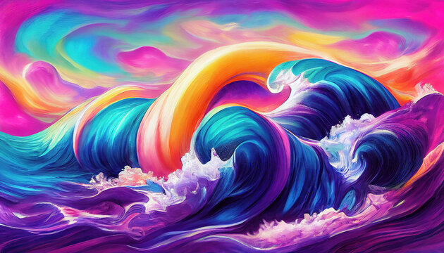 Colorful abstract ocean waves in rainbow colors as wallpaper background illustration