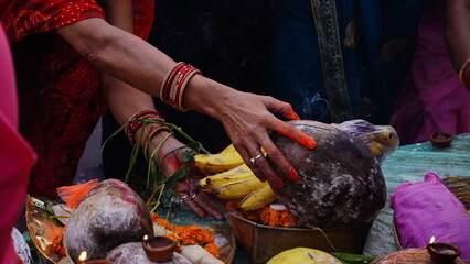 Chhath Puja ,Hindu devotee offer prasad ,fruits, vegetables