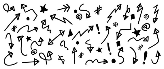 Set of black hand drawn arrow lines vector on white background. Doodle style, curve, wavy, arrows, cursor Icon, pointers collection, back, signs, direction. Design illustration for sticker, comic. 