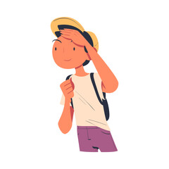 Happy Man Character with Backpack Looking Into the Distance with Curious Face Vector Illustration