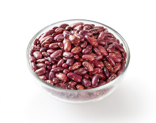 Red pinto beans in glass bowl isolated on white background with clipping path