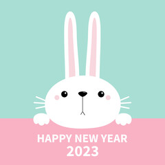 Happy Chinese New Year 2023. The year of the rabbit. Bunny holding paper. Cute cartoon kawaii funny baby character. Long ears. Farm animal collection. Blue background. Greeting card. Flat design