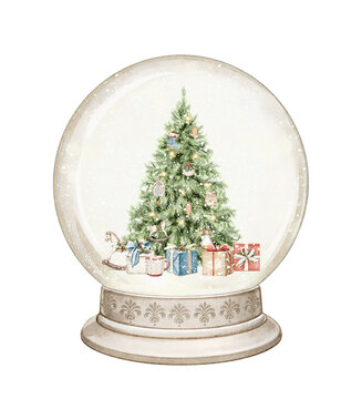 Watercolor vintage green classic Christmas tree with garland, toys and gift boxes in snow globe isolated on white background. Hand drawn illustration sketch