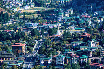 Bird of veiw of part of Thimphu city in Bhutan