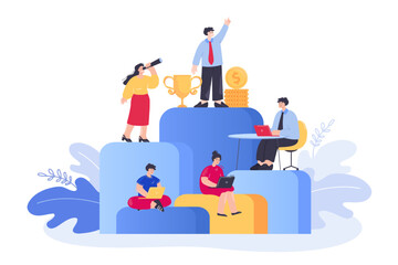 Employees on different steps of corporate ladder. Men and women working on laptop and competing for success flat vector illustration. Growth, hierarchy, teamwork, leadership concept