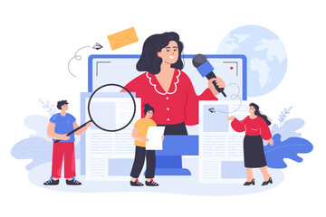 Team of journalists preparing TV news for broadcast. Video report of woman with microphone on screen, tiny persons reading newspaper articles flat vector illustration. Television, mass media concept