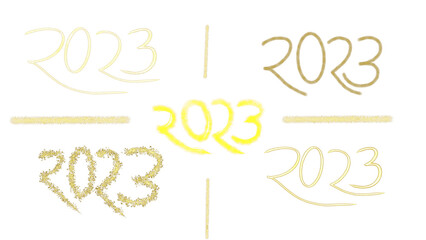 Fototapeta na wymiar 2023 new year typography design. happy new year. colors of gold glitter typographic illustration with free spaces.