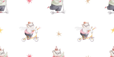 children's seamless pattern with teddy bears on transport and stars, circus illustration, abstract elements